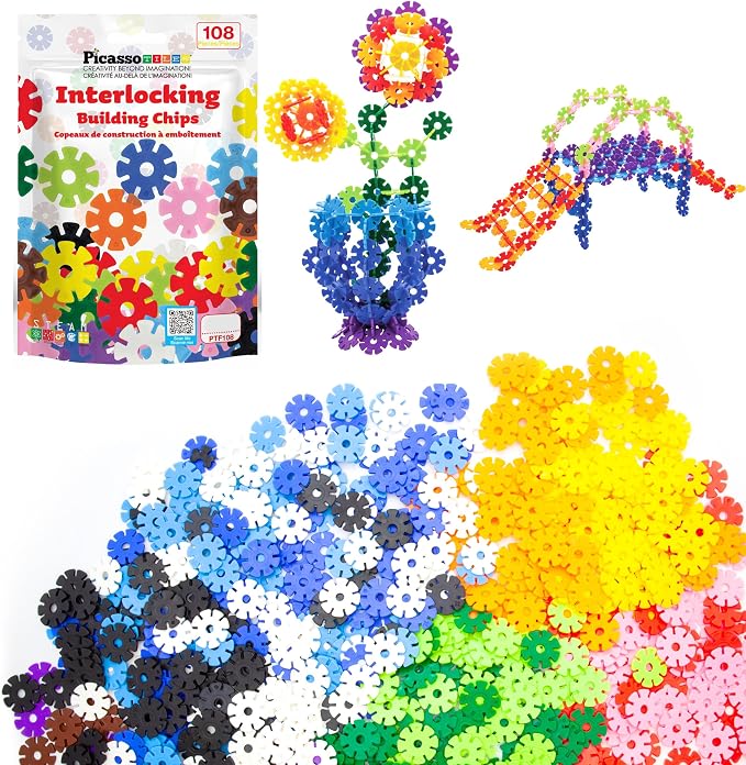 PicassoTiles Building Chips Interlocking Disc Construction Blocks in 12 Colors STEM Learning Early Education Toy Engineering Playset Child Brain Development for Toddlers Girls Boys Kids Age 3+ PTF108 | 12 vivid colors, BPA-free non-toxic material, 8 co...