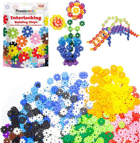 PicassoTiles Building Chips Interlocking Disc Construction Blocks in 12 Colors STEM Learning Early Education Toy Engineering Playset Child Brain Development for Toddlers Girls Boys Kids Age 3+ PTF108 | 12 vivid colors, BPA-free non-toxic material, 8 co...