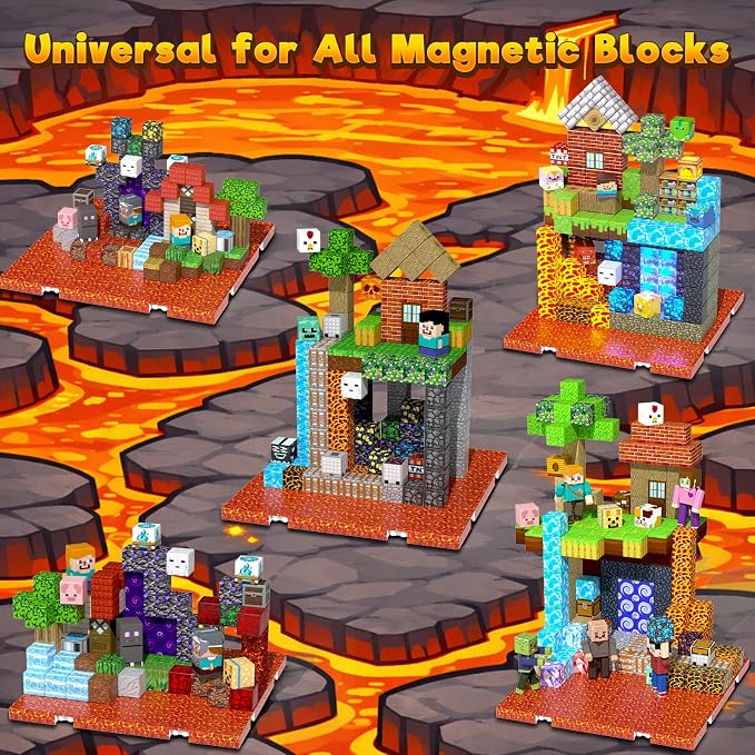 4PCS 4" x 4" Magnetic Building Block Base Plates for Kids, Strong Grip Magnetic Tiles Base Compatible with Most Popular Magnetic Blocks & Cubes, STEM Educational Toys for Boys Girls Ages 3+ (Lava)