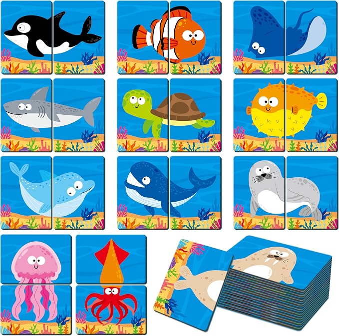 SpriteGru Marine Animal Memory Game, 28 Chunky Cards Sea Animals Head Tail Matching Game 1-5 Players Underwater Creatures Memory Matching Game for Preschoolers, Toddlers, Kids
