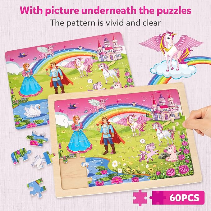 SYNARRY Unicorn Mermaid Princess Fairy Wooden Puzzles for Kids Ages 4-6, 6 Packs 60 PCs Jigsaw Puzzles for Kids Ages 4-8, Preschool Toys Gifts for Toddlers 3-5, Wood Puzzles for 3 4 5 6 Year Old Girls | 60-Piece Puzzles for Kids Ages 4-6, Puzzles for K...