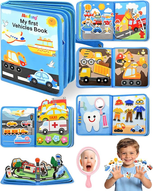 Vehicles Educational Book for Toddlers 1–3, Montessori Quiet Activity & Learning Book with Cars, Trucks & Firefighters, Educational Toy for Early Learning, Travel Toy for Car & Airplane Trips