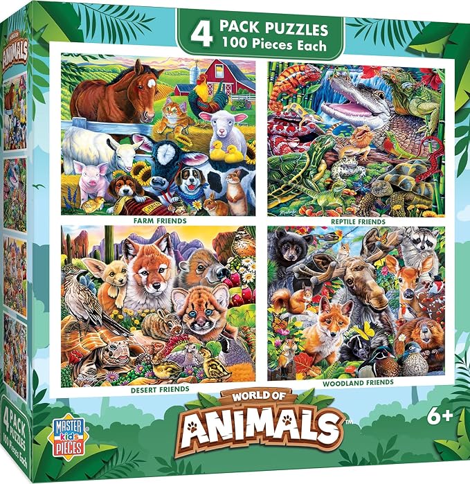 MasterPieces – Jigsaw Puzzle Set for Kids 6+ Years, 4-Pack of 100 Pieces, Educational and Fun Game, World of Animals Collection V2, Gift Idea for Children, 8" x 10"