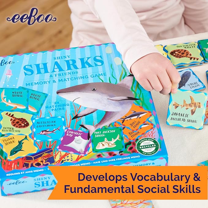 eeBoo Shiny Sharks & Friends Memory & Matching Game, Ages 3+, 1-4 Players | Introduces sharks & marine life. Sharpens recognition, concentration & memory skills. Includes 48 foil tiles, 24 pairs