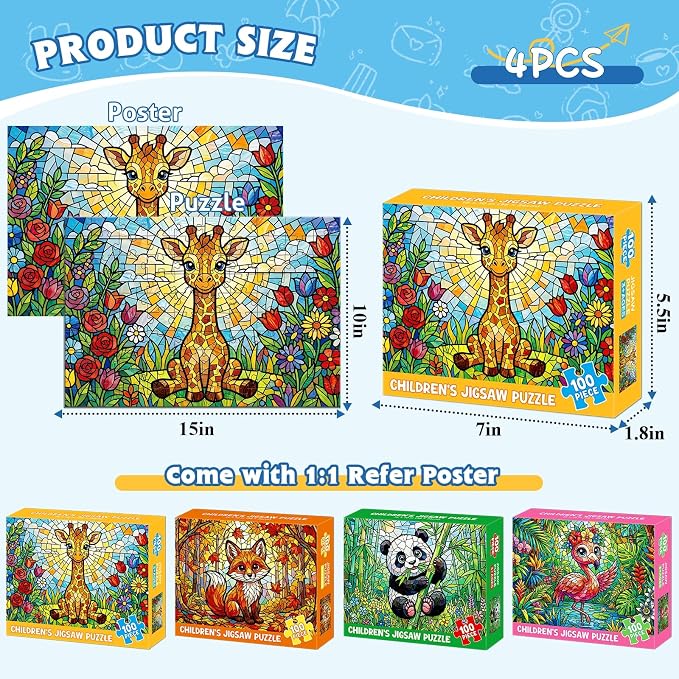 4-Pack 100 Piece Puzzles for Kids Ages 4-8 6-8 8-10, Panda Giraffe Kids Puzzles Ages 4-6 5-8 8-10, Flamingo Fox Stained Glass Forest Animal Puzzle 100 Pieces, Educational Jigsaw Puzzles Gifts 15x10in