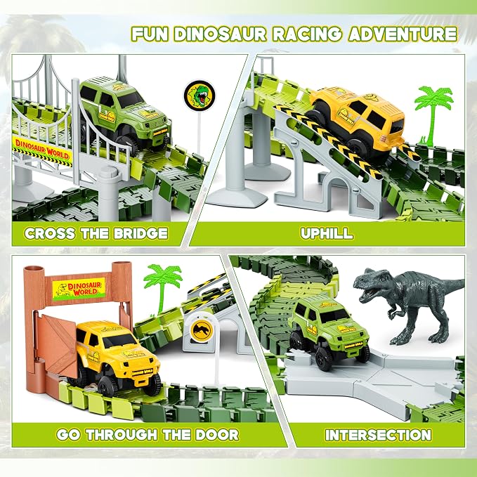 Dinosaur Tracks, 271 PCS Create A Dinosaur World Road Race Kids Boys Toys | Flexible Train Tracks Set with 2 Cool Race Cars, Dinosaur Toys for Age 3 4 5 6 7 8 Year & Up Old Boys Girls Best Gift