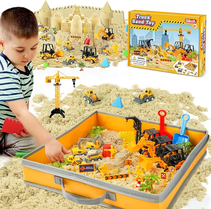 Billeeit Sand Construction Kit w/Sand Box and 2.2lbs Sensory Bin Play Sand | Including 15 In Foldable Sand Box, 8 Truck Toys, Castle Molds and Other Accessories 36Pcs Set, Gifts for Kids 3+