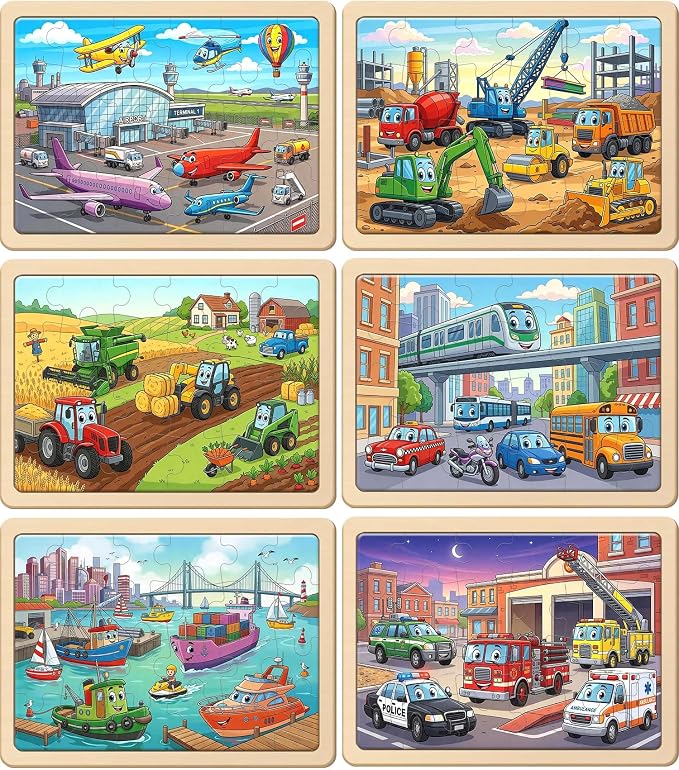 Puzzles for Kids Ages 3-5, Wooden Jigsaw Puzzles 24 Pieces 6 Pack | Vehicle Transportation Puzzle Set, Educational Learning Toys, Christmas Birthday Gifts for Boys Girls