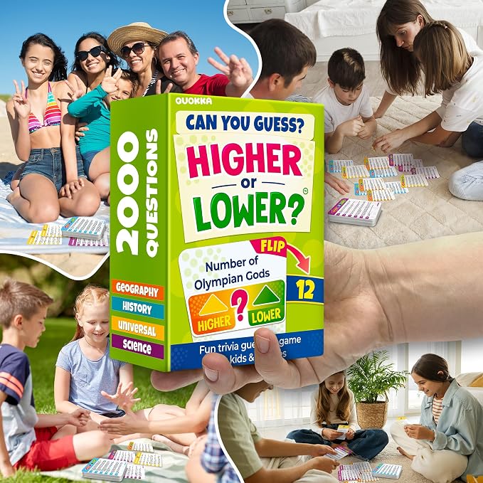 QUOKKA Trivia Board Games for Kids and Adults – 4xSET Family Board Games for Game Night – Higher or Lower Trivia Cards for Kids 8-12 - Challenge History, Science, Geography & More for Families & Teens