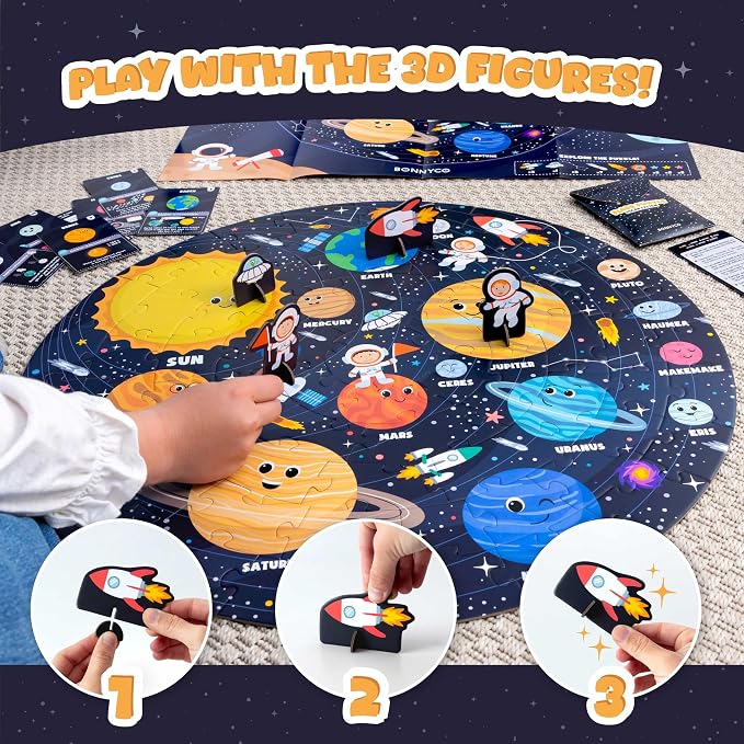 BONNYCO Giant Floor Puzzles for Kids Solar System with 70 Large Pieces. Round Space Puzzle with Planets, 23 x 23 in, 15 Cards, 4 3D Figures, Guide. Learning Gifts, Toys for 4 Year Old Boys | With 15 cards and 4 figures. Round Puzzle 58 x 58 cm, Guide I...
