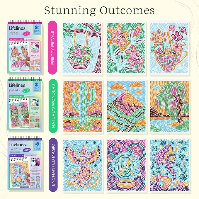 Lifelines FlowArt Mini Activity Pads, 3-Pack, Dot-by-Letter Coloring Books | 15 Markers & 60 Scenes - Guided Art Meditations for Tweens, Adults & Seniors - Dot-by-Letter - Patent-Pending