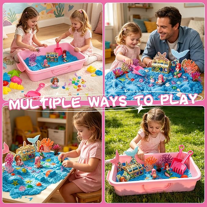 Pakimio Mermaid Sensory Sand Kit for Kids, Complete Sensory Bin with Lid | 2.64lbs Magic Sand, Mermaid Figures & Ocean Molds, STEM Montessori Sensory Toys for Kids 3-8, Girl Christmas Birthday Gifts