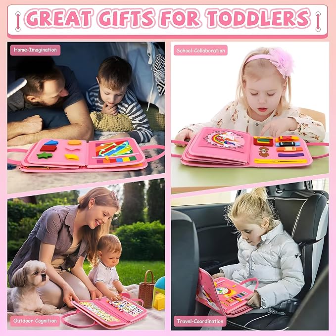 Montessori Busy Board Sensory Toddler Activity Book (Pink) | Toddla Learning Quiet Book for Girls & Boys Ages 1-3, Ideal Birthday & Christmas Gift for 1+ Year Old