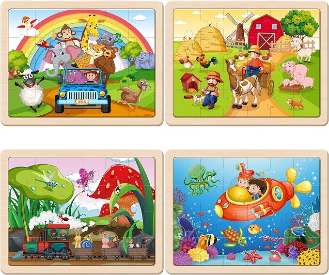 SYNARRY Large Animal Wooden Puzzles for Kids Ages 4-6, 4-in-1 Gift Set | Animal Puzzles for Toddlers & Kids Ages 3-5, Birthday Gifts for Boys & Girls, Educational Animal Toys, Screen-Free Play