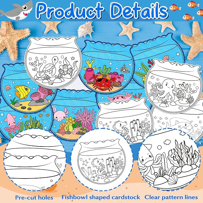 ANGOLIO Summer Fishbowl Craft Kits - 83Pcs DIY Coloring Sea Animal Ornament | Ocean Themed Paper Ornament Set, Ocean Fish Coloring Activities, Classroom Reward Party Favors, Hanging Décor For Kids Room