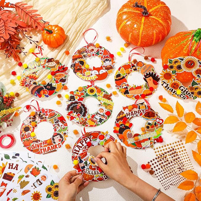 Hollowfly 48 Sets Thanksgiving Paper Wreath Craft Kits | Give Thanks and Grateful Designs, DIY Hanging Ornaments for Fall Home Decor, Party Favors and Classroom Activities