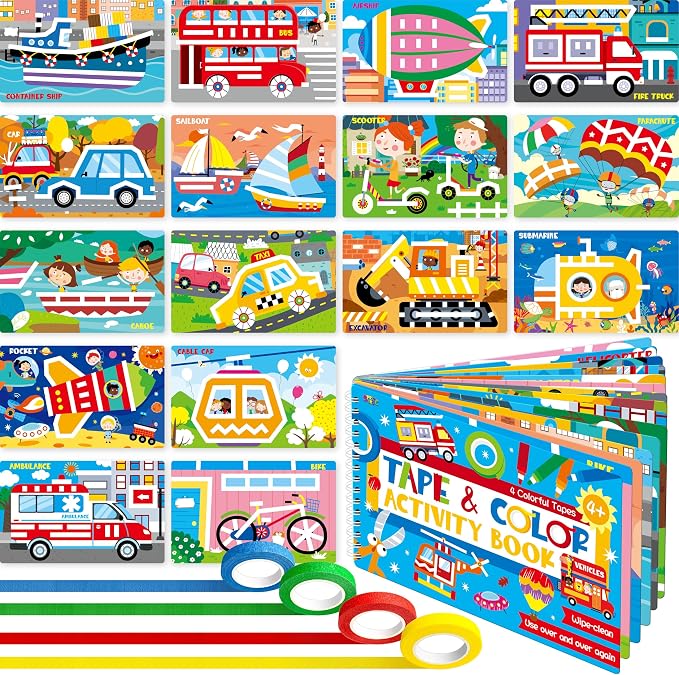 SpriteGru Tape Activity Book, 30 Dry Erase Vehicle Patterns and 4 Colorful Tapes, Reusable & Erasable Pages and Easy-Tear Tapes, Fun and Creative Game Pad for Road Trip, Travel, At Home