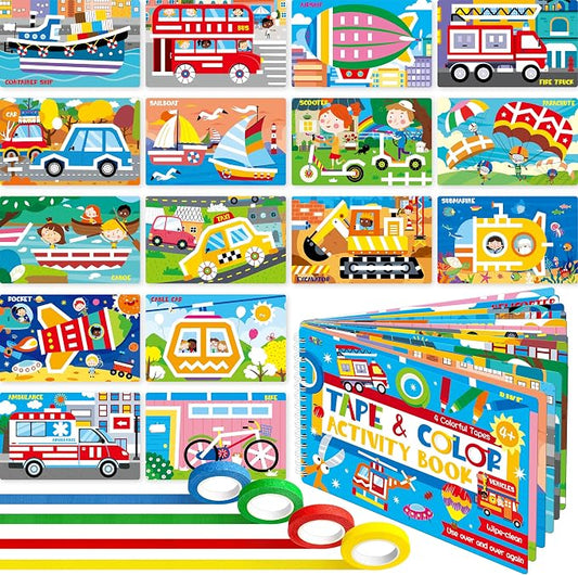 SpriteGru Tape Activity Book, 30 Dry Erase Vehicle Patterns and 4 Colorful Tapes, Reusable & Erasable Pages and Easy-Tear Tapes, Fun and Creative Game Pad for Road Trip, Travel, At Home
