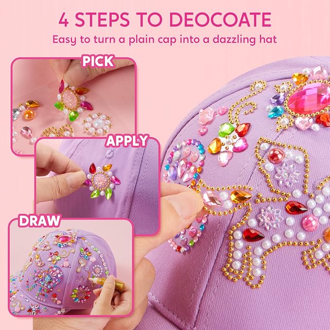 Klever Kits Gem Hat Kit for Girls, Decorate Your Own Baseball Cap with Gems Stickers, DIY Craft Kits for Kids Girls Toys Age 6-8