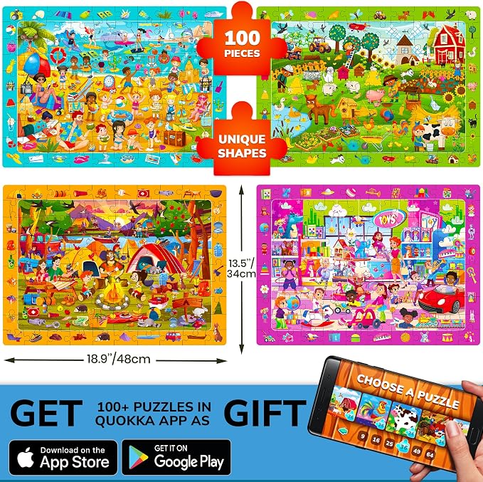 100 Piece Puzzles for Kids Ages 4-6 - 4 Jigsaw Kids Puzzles Ages 5-8 | Search and Find Artist-Crafted Illustrations with Daily Life, Hidden Objects - Educational Activity Puzzles for Kids Ages 4-8
