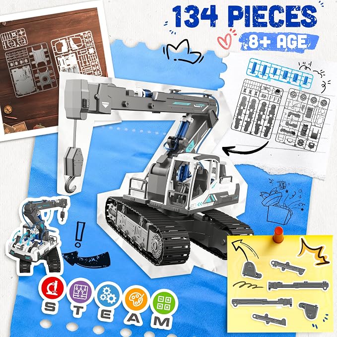 Hydraulic Crane Truck STEM Building Toy, 134 Pcs Engineering Kit for Kids | DIY Construction Kit, Hydraulic Robot Arm, No Battery Required, Mechanical Learning, Assembly Toy, STEM Engineering Activity
