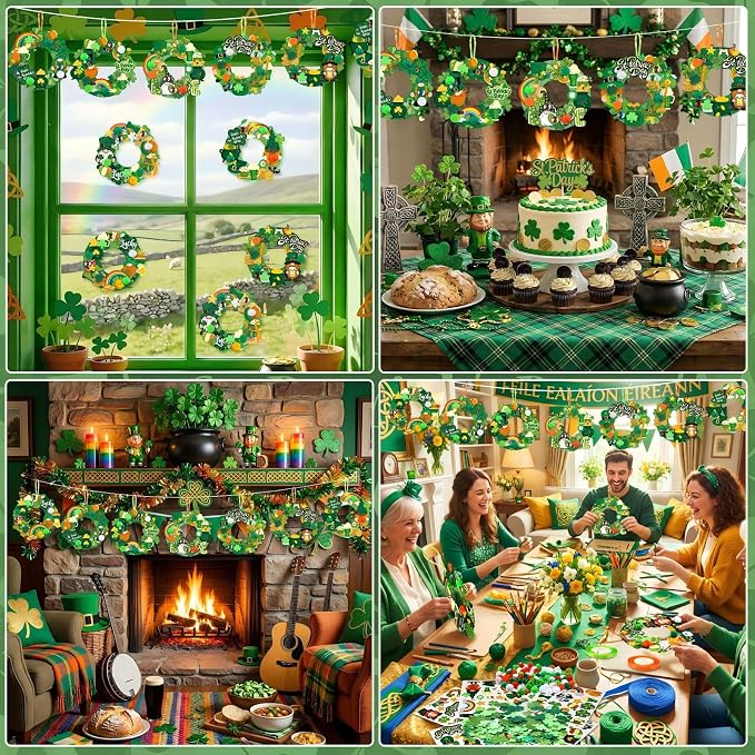 Hollowfly 48 Sets St. Patrick's Day Wreath Craft Kits | 8 Shamrock and Leprechaun Designs, 5.91 in Paper Wreaths with Pom-Poms and Stickers, Crafts for Home, Classroom and Parties