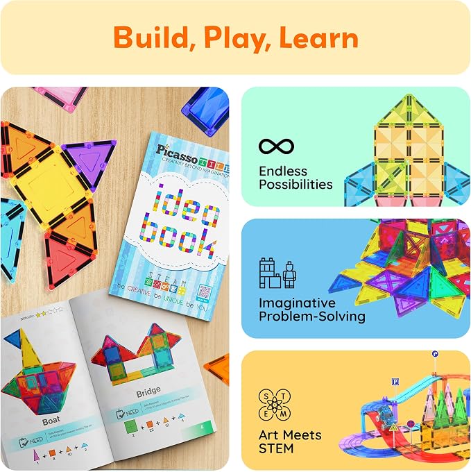 PicassoTiles Magnetic Tile Idea Book, 300 Builds Illustrated Guide, Ages 3+ | 230 pages, bright step-by-step visuals, difficulty scale, STEM skills, race track and marble run inspiration, screen-free fun