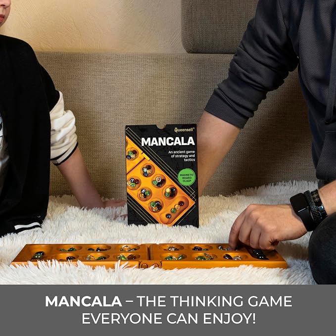 Mancala Board Game for Kids and Adults – Wooden Folding Mancala Set with Magnetic Lock and 56 Stones – Classic Strategy Board Game Travel Size
