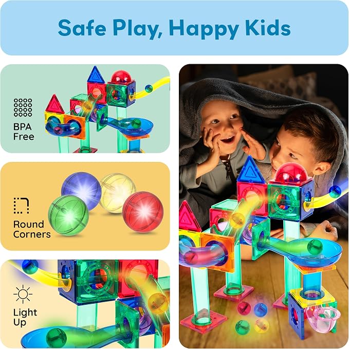 PicassoTiles Motion Activated Marbles 4pc LED Light-Up Glow in The Dark Translucent Balls for Marble Run Race Racetrack Maze Magnetic Construction Magnet Tiles Building Block STEM Education Kids Toys