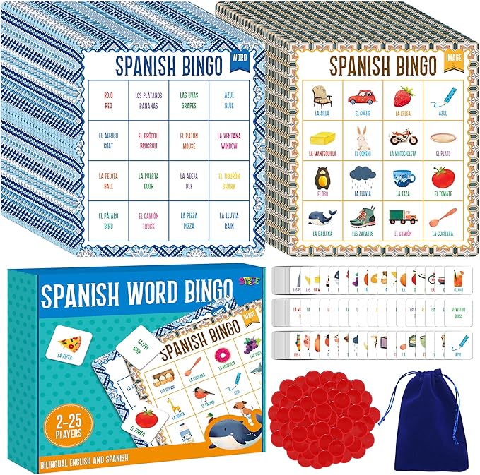 SpriteGru Spanish Bingo Game, 25 Bingo Board Spanish & English Vocabulary Word Game Bilingual Educational Toys for Language Learning - Ages 5 and up (Up to 25 Players)