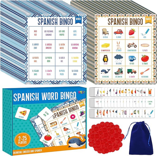 SpriteGru Spanish Bingo Game, 25 Bingo Board Spanish & English Vocabulary Word Game Bilingual Educational Toys for Language Learning - Ages 5 and up (Up to 25 Players)