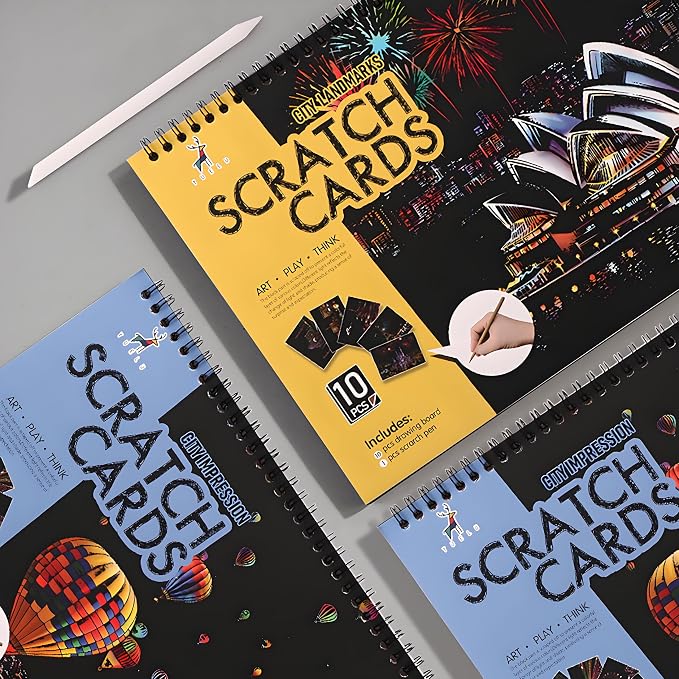 10-Board Scratch Art Book for Adults, Rainbow Cityscape Kit with Tools | Scratch art tools reveal 10 rainbow cityscapes for screen-free tabletop entertainment at home, during travel or with friends.