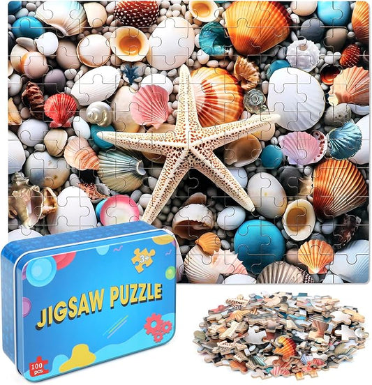 LELEMON Beach Shells Puzzles for Kids Ages 4-8,100 Pieces Colorful Beach Shell Jigsaw Puzzles in a Metal Box,Cute Shells Cobblestones Learning Educational Puzzles for Boys Girls