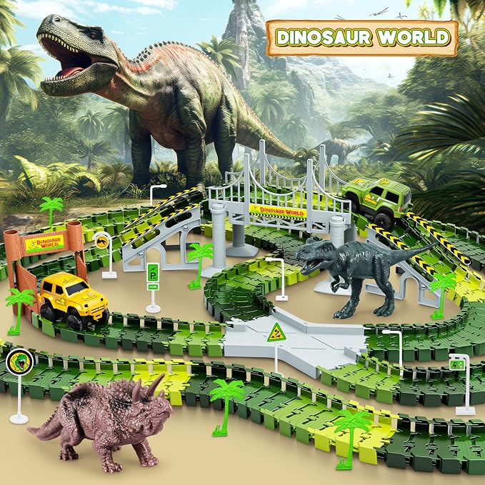 Dinosaur Tracks, 271 PCS Create A Dinosaur World Road Race Kids Boys Toys | Flexible Train Tracks Set with 2 Cool Race Cars, Dinosaur Toys for Age 3 4 5 6 7 8 Year & Up Old Boys Girls Best Gift