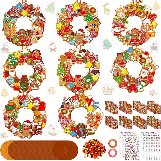 Hollowfly 48 Sets Christmas Wreath Craft Kits, Gingerbread DIY Ornaments | Foam Wreath Bases with Gingerbread Stickers, Hanging Ornaments for Kids, Christmas Party Activities and Classroom Crafts