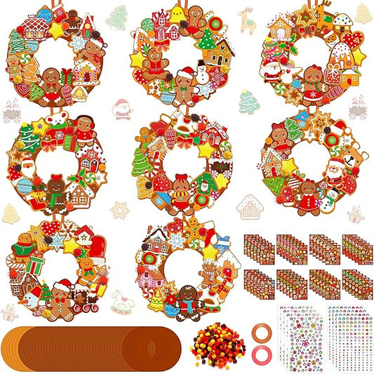Hollowfly 48 Sets Christmas Wreath Craft Kits, Gingerbread DIY Ornaments | Foam Wreath Bases with Gingerbread Stickers, Hanging Ornaments for Kids, Christmas Party Activities and Classroom Crafts