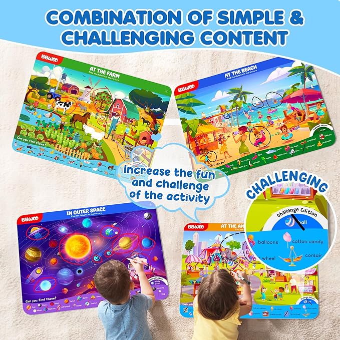BBWOO Search and Find Activity Book, Reusable Travel Game Toys for Kids 3-8 | Car Airplane Road Trip Activities for Kids Games, Preschool Learning Activities, Educational Seek Game,Gifts for Boys Girls