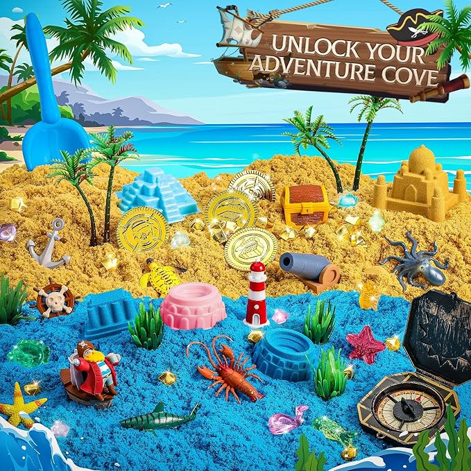 KNASON Pirate Treasure Chest Sensory Bin with Glow in The Dark Gems and Map | 2.2lbs Sensory Play Sand Kit, Sandbox with Lid, Pirate Toys, Spyglass, Compass, Sand Toys Gift for Boys Kids Ages 3-8