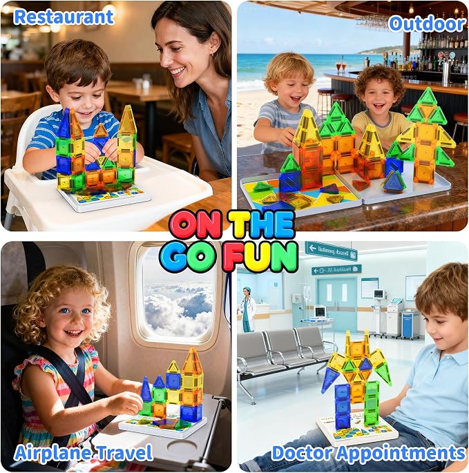 Mini Magnetic Tiles Travel Set with Case 42pcs, Mini Magnetic Blocks | Bonus Sudoku Play, Number & Animal Stickers, Portable Travel Toys for Kid, STEM Educational Sensory Toys, Classroom Must Have