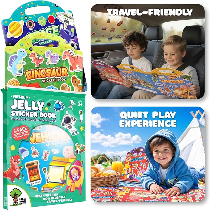 Premium Reusable Jelly Sticker Book Set for Toddlers & Kids – Dinosaur, Space & Vehicles 3-Pack Collection | Washable Silicone Stickers | Screen-Free Travel Activity | Mess-Free Toy
