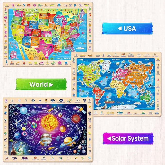 SYNARRY Large USA World Solar System Wooden Puzzles for Kids Ages 4-6 | 60 Piece Match & Find Puzzles for Kids Ages 3-5, Puzzles for Kids Ages 6-8, Birthday Gifts, Educational Geography & STEM Toys