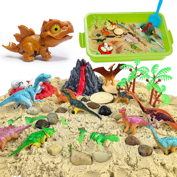 Carolart Dinosaur Sensory Bin, Sand Kit with Glow Dinosaurs & Sand | Dinosaur sandbox with sensory sand, volcano, Dinosaur Gift for boys girls 3-8