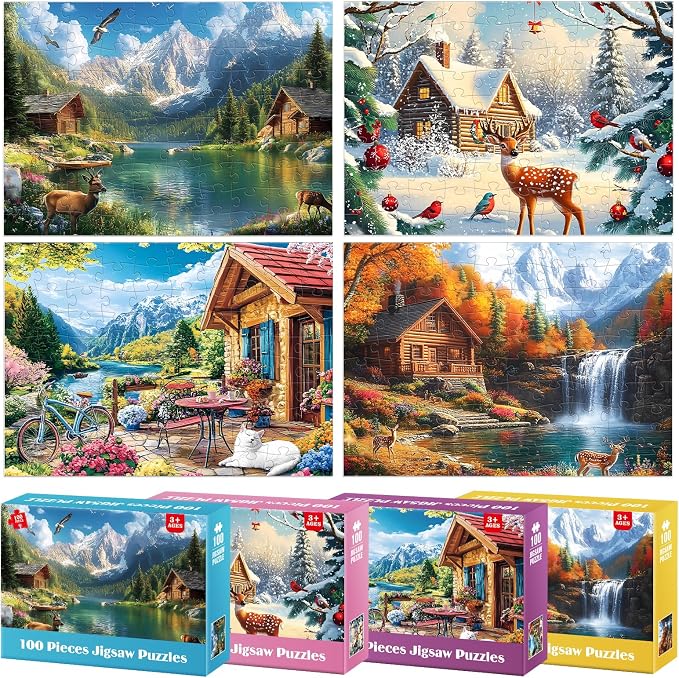 4-Pack 100 Piece Puzzles for Adults Seniors, Four Seasons Mountain Scenes | Nature Landscape Large Piece Jigsaw Puzzles for Kids Puzzle Ages 5-8 Jigsaw Puzzle for Kids Ages 4-6 6-8 8-10 Year Old