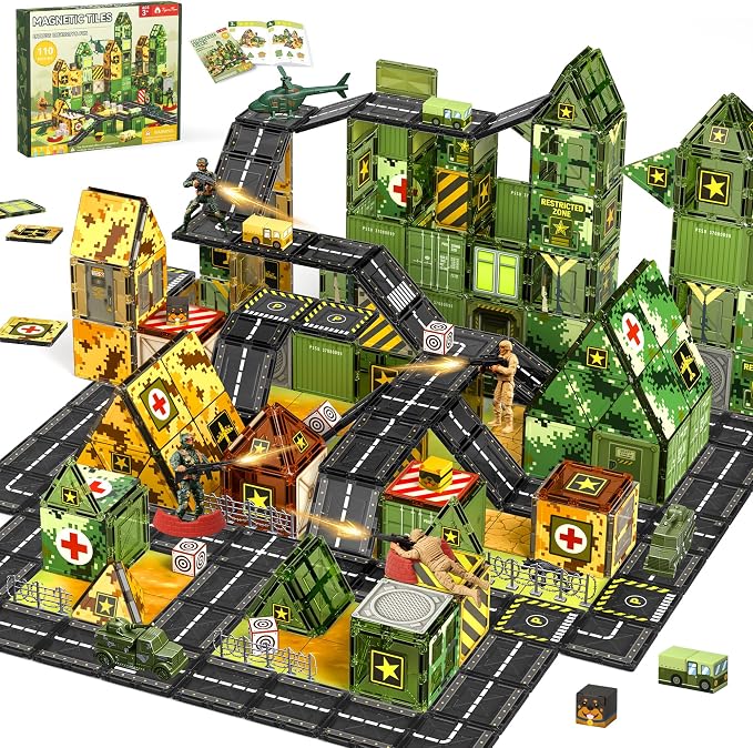 VigorFun Army Toys Magnetic Tiles Building Blocks Set for Kids Ages 3+ | STEM Military Magnetic Blocks with Army Men, Educational Sensory Magnet Toys Gifts for Kids Boys Ages 3-5 4-8