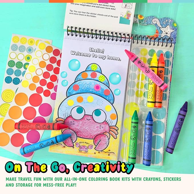 Bright Stripes Art on the Go Going Dotty Ocean Theme Travel Kit, Ages 3+ | Compact coloring set with dot stickers, crayons and an activity book, mess-free craft fun suited to toddlers, preschoolers