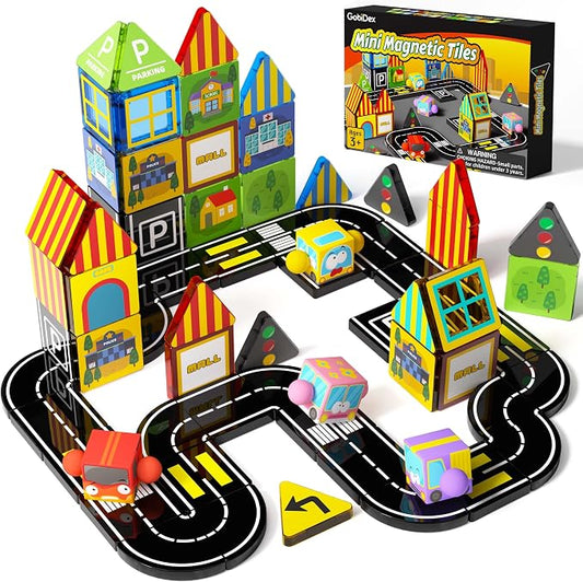 GobiDex 60PCS Mini Magnetic Tiles City Road Set with 4 Cars | Travel Magnetic Blocks Building Toys for Boys & Girls Ages 3+, Montessori Educational Birthday Gifts