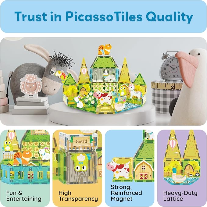 PicassoTiles 26 Piece Magnetic Tiles, Fall Farm Set with 8 Animals, Ages 3+ | 18 printed autumnal designs, rabbit, duck, parrot, frog, unicorn, cat, cow, dog, BPA-free, full-size compatibility, STEM play
