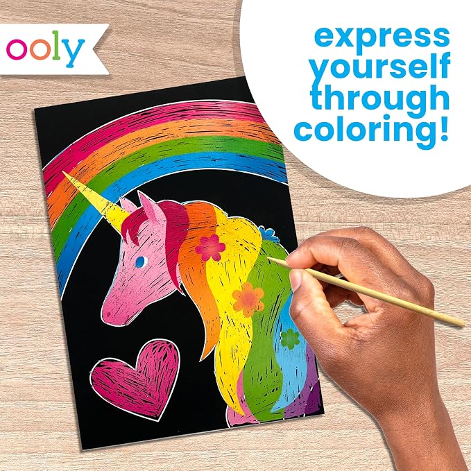 Ooly Scratch & Scribble Art Kit, 8 Cards, Sticker Sheet – Unicorns | Ages 6+, Wooden Stylus and Stickers Included, Screen-Free Portable Car and Airplane Travel Activity, Gift for Kids