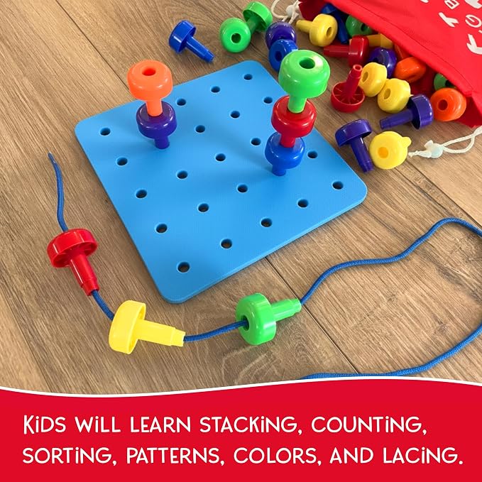 Foam Peg Board Toy - 36 Pegs, Foam Board, Lacing String, Storage Bag - Occupational Therapy Toys - Fine Motor Skills Toys for Toddlers and Kids (Blue)