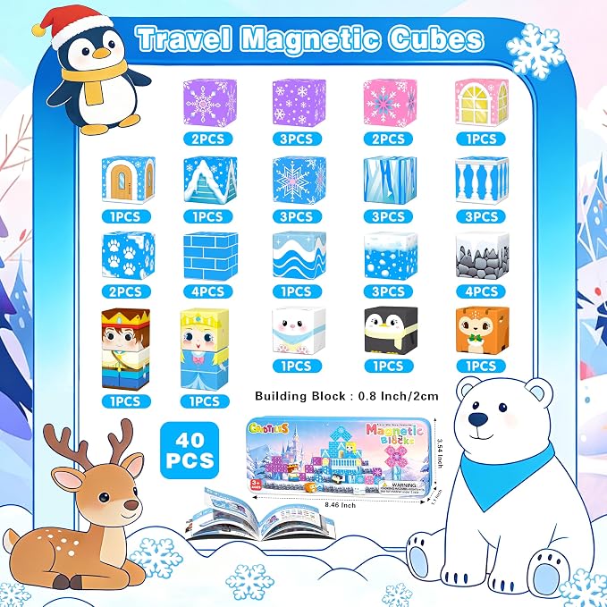 Goodtiles Mini Magnetic Blocks Travel Toys for Kids Ages 3-8 Boys Girls | Ice castle. PP plastic, 40PCS, for gift